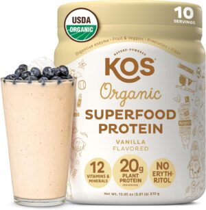KOS Plant Based Protein Powder, Vanilla USDA Organic – Low Carb Pea Protein Blend, Vegan Superfood Rich in Vitamins & Minerals – Keto, Soy, Dairy Free – Meal Replacement for Women & Men – 10 Servings