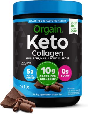 Orgain Keto Collagen Protein Powder with MCT Oil, Chocolate – Paleo Friendly, Grass Fed Hydrolyzed Collagen Peptides Type I and III, Dairy Free, Gluten Free, Soy Free, 0.88 Lb (Packaging May Vary)