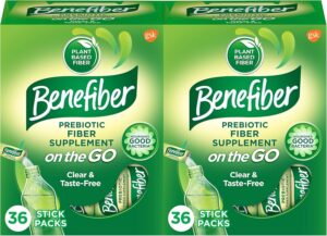 Benefiber On The Go Prebiotic Fiber Supplement Powder for Digestive Health, Daily Powder, Unflavored Stick Packs – 36 Sticks (Pack of 2)