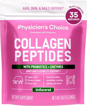Physician’s CHOICE Collagen Peptides – Hydrolyzed Protein Powder for Hair, Skin, Joints – Grass Fed, Non-GMO