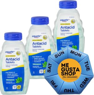 Equate Extra Strength Antacid Chewable Wintergreen Tablets, 750 mg, 96 Ct Pack of 03 Total 288ct Includes Pill Organizer