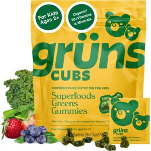 Gruns Kids Vitamins, Super Greens Gummies – Superfood Gummy Bears with Spirulina, Chlorella, 20+ Vitamins & Minerals, Prebiotics Fiber for Digestive Health, Adaptogens Supplement, 28 Day Supply