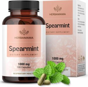 HERBAMAMA Spearmint Leaf Capsules – 1000mg Spearmint Leaves for Gut Cleanse & Digestive Support – Vegan, Non-GMO Mentha Spicata Supplement 100 Caps