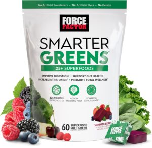FORCE FACTOR Smarter Greens Superfood Chews, Greens and Superfoods with Probiotics, Antioxidants, and Fiber, Greens Supplement to Support Digestion, Nitric Oxide, and Energy, 60 Soft Chews