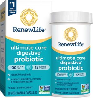 Renew Life Ultimate Care Probiotic Capsules, Daily Supplement Supports Respiratory, Digestive and Immune Health, L. Rhamnosus GG, Dairy, Soy and gluten-free, 100 Billion CFU, 30 Count Renew Life Ultimate Care Probiotic Capsules, Daily Supplement Supports Respiratory, Digestive and Immune Health, L. Rhamnosus GG, Dairy, Soy and gluten-free, 100 Billion CFU, 30 Count