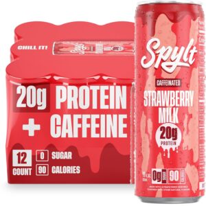 High Protein Strawberry Milk with 60mg Caffeine & 20g Protein – 90 Calories, Ready to Drink, Sugar Free, Lactose Free Milk, Perfect for Workout Recovery & Afternoon Pick Me Up – 12 Count