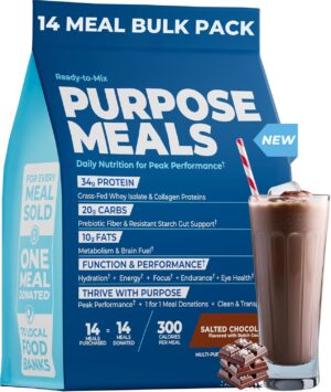 Meal Replacement Shake, Grass Fed Whey Protein Isolate & Collagen Peptides, Creatine Monohydrate, Electrolytes Powder, Prebiotics, Organic Mushrooms, Nootropic Energy Drink (14 Meals Salted Chocolate)