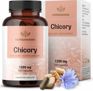 HERBAMAMA Chicory Root Fiber Capsules – 1200mg Chicory Root Powder for Gut Cleanse & Digestive Support – Vegan, Non-GMO Inulin Prebiotic Fiber Supplement, 100 Caps