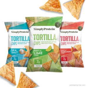 Simply Protein – Tortilla Chips, Restaurant Style Protein Chips, Variety Pack (3-Pack) – Sea Salt, Hint of Lime, Hint of Habanero – 7g Protein, 140 Calories, Gluten Free, Vegan – 3 Bags, 4.58oz (130g)