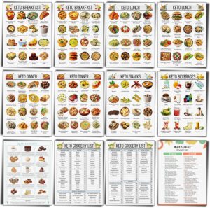 12 Pcs Keto Meal Plan Chart Poster Ketogenic Diet Food List Keto Grocery List Nutrition Guide Poster for Wall