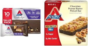 Atkins Endulge Caramel Nut Chew Bar, Dessert Favorite, 1g Sugar, Good Source of Fiber, Low Sugar & Chocolate Peanut Butter Pretzel Protein Meal Bar, High Fiber, 16g Protein, 1g Sugar