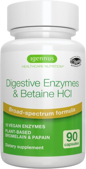 Igennus Fast Action Digestive Enzymes & Betaine HCl, 10 Broad Spectrum Enzymes with Protease, Lipase & Lactase, Papain & Bromelain, Plant-Based Vegan, Clean Label, for Women and Men, 90 Capsules