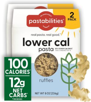 Pastabilities, Lower Calorie Pasta, Ruffles – 100 Calories/Serving Low Net Carbs, Low Calorie, Non-GMO, High Fiber, Vegan, Plant-Based, Enhanced Nutrients, Delicious Taste & Texture (8 Ounce, 2 Pack)