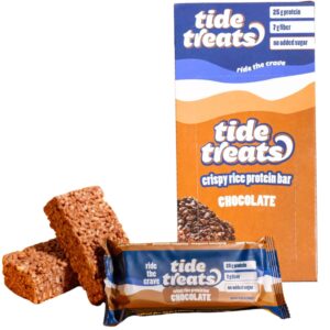 25g Protein Bar Crispy Rice Treat Chocolate | Clean Ingredients, Gluten Free, No Added Sugar, 7g Fiber | High Protein Snack, Post-Workout Dessert Cravings | 8 Count | TideTreats