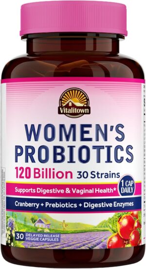 Vitalitown Probiotics for Women 120 Billion CFUs, 30 Strains, with Prebiotics & Digestive Enzymes & Cranberry, Gut & Vaginal Health, Vegan 30 Delayed Release Caps