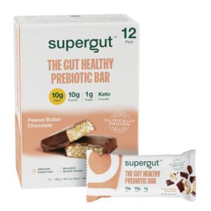Supergut GLP-1 Boosting Prebiotic Bars, Peanut Butter Chocolate – Gut Healthy Protein Snacks & Breakfast Bars – Keto-Friendly Meal Replacement Energy Bars for Gut Health (12 Count)