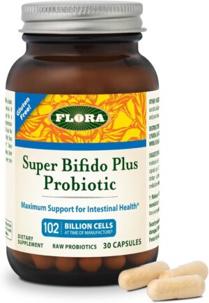 Flora Super Bifido Plus 102 Billion CFU, Raw Probiotics for Men & Women, Bifidobacterium, Lactobacillus, Digestion, IBS, Immune System, Gut Balance Supplements – 30 Vegetarian Capsules