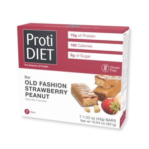 ProtiDIET Old Fashioned Strawberry & Peanuts Protein Bar, 15g Protein, Low Calorie, Low Carb, Low Sugar, High Fiber, No Gluten Ingredients, KETO Friendly, Ideal Protein Compatible, 7/ Box