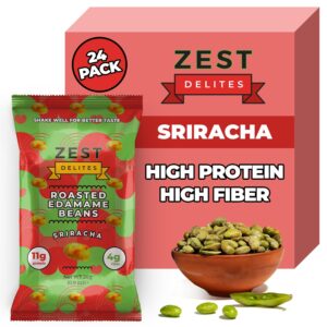 Crunchy Dry Roasted Edamame Beans Snack by Zest Delites, Sriracha, Vegan, Low Calorie (110cal) High Protein Snacks (11g), Low Carb, Keto, Gluten Free, 0.9 oz 24 Packs