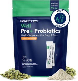 Honest Paws Probiotics for Dogs – Dog Digestion Gut Health Probiotic Powder with Prebiotic Made in The USA, Digestive and Immune Support – Digestive Enzymes with Pumpkin Flavor (30 Sticks)