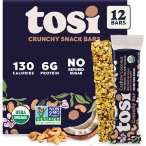 Tosi Cashew Coconut Protein Bars – Crunchy Nut & Seed Vegan Snack Bars, Gluten Free, 6g Plant Based Protein, Organic Flax, Chia, Sesame Seeds, Omega 3s, Low in Sugar, Dairy Free, No Soy – 1 oz 12-Pack