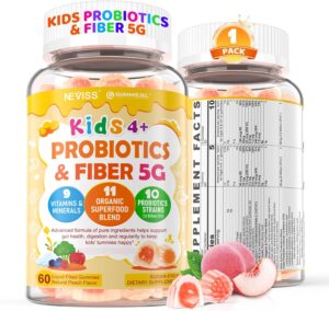 Probiotics for Kids Teen + Veggie & Fruit Fiber Gummies, with 12 Billion CFU Probiotic, Organic Inulin Prebiotics Fiber, Methyl B12 B6 C for Children’s Digestive & Gut, Immune Health, Sugar Free,60Cts