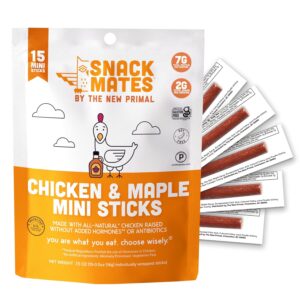 The New Primal Snack Mates Chicken & Maple Sticks, Gluten Free Healthy Snacks for Kids, Low Sugar High Protein Back to School Snacks, Mini Paleo Jerky Meat Stick, 7g Protein, 50 Calories, 15 Pack